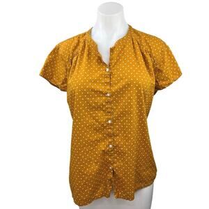 Old Navy Women Yellow Polka Dot Short Sleeve Band Collared Button Up Shirt Top L